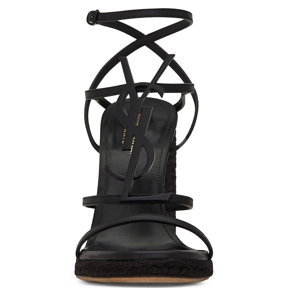 YSL Cassandra Wedge Espadrilles In Leather With Black Monogram